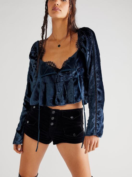 Free People Tops - NEW Free People Bali Heirloom Rose Crushed Velvet Long Sleeve Crop Blue Top XS